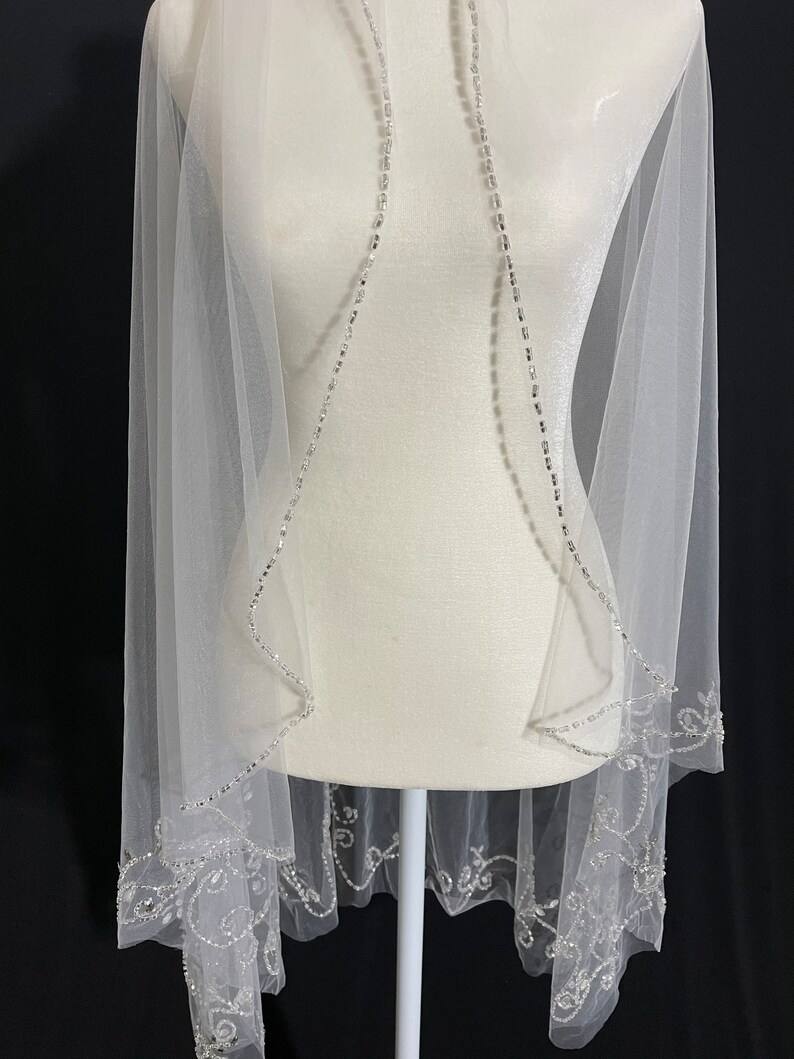 Beaded Scroll Design, Beaded Veil, Ivory Veil, White pearl Veil, Elbow Veil, Fingertip Veil, Cathedral Veil - Free Tulle Samples