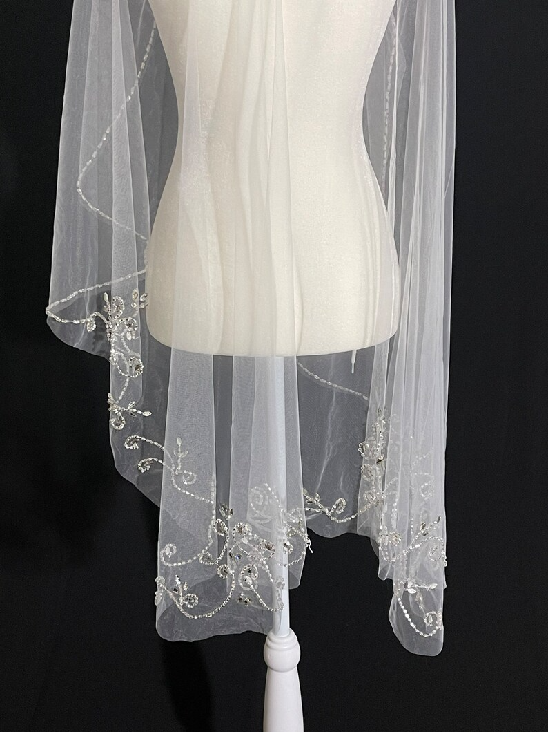 Beaded Scroll Design, Beaded Veil, Ivory Veil, White pearl Veil, Elbow Veil, Fingertip Veil, Cathedral Veil - Free Tulle Samples