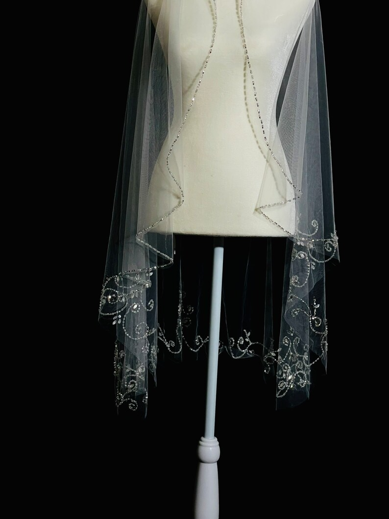 Beaded Scroll Design, Beaded Veil, Ivory Veil, White pearl Veil, Elbow Veil, Fingertip Veil, Cathedral Veil - Free Tulle Samples