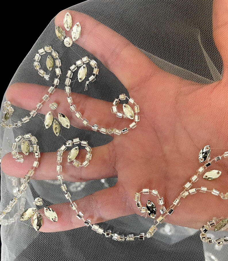 Beaded Scroll Design, Beaded Veil, Ivory Veil, White pearl Veil, Elbow Veil, Fingertip Veil, Cathedral Veil - Free Tulle Samples