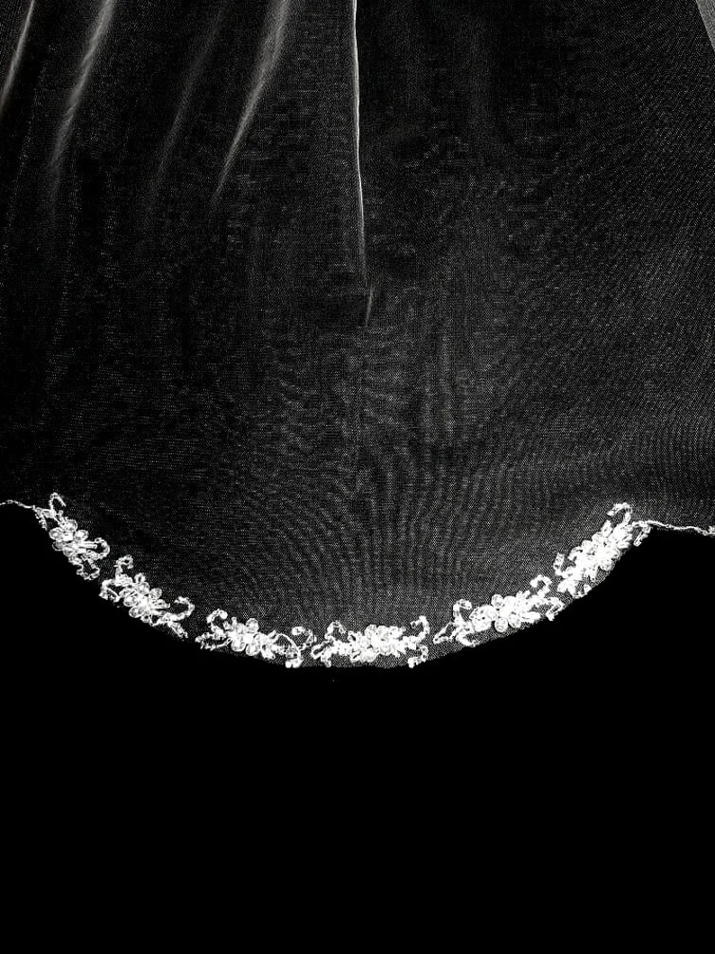 Beaded Scroll Design Angel Cut Beaded Veil, Ivory Veil, White pearl Veil, Elbow Veil, Fingertip Veil, Cathedral Veil - Free Tulle Samples