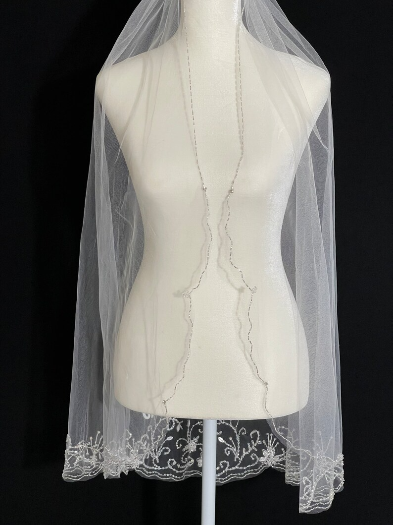 Beaded Scroll Design, Beaded Veil, Ivory Veil, White pearl Veil, Elbow Veil, Fingertip Veil, Cathedral Veil - Free Tulle Samples