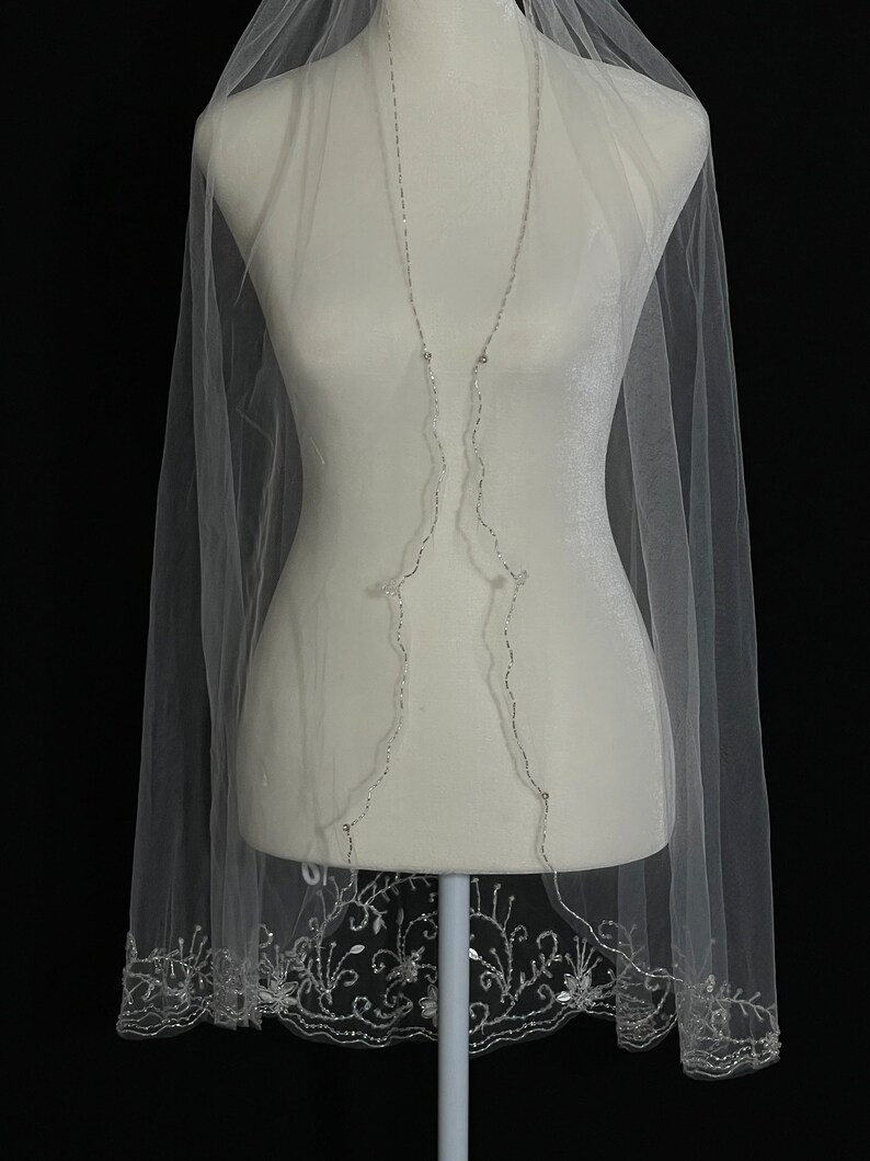 Beaded Scroll Design, Beaded Veil, Ivory Veil, White pearl Veil, Elbow Veil, Fingertip Veil, Cathedral Veil - Free Tulle Samples