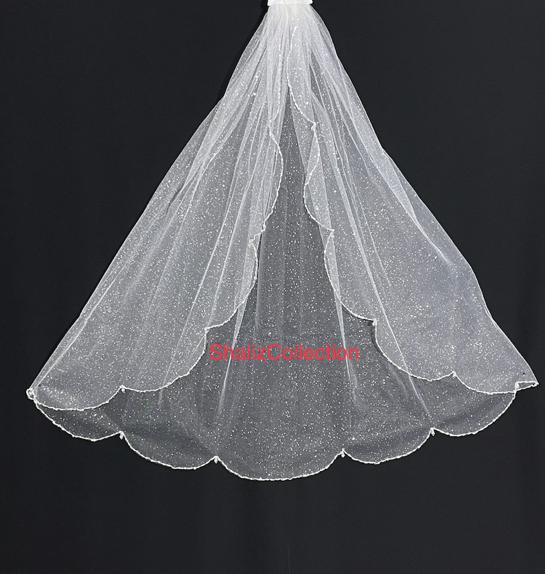 Glitter Wedding Veil, Crystal Bridal Veil, Beaded Veil, Scallop Edge Sparkle Veil, Fingertip Veil, Cathedral Veil