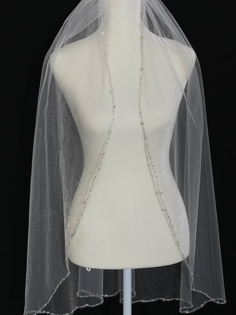 Wedding Veil, Crystal Bridal Veil, Beaded Veil, Ivory Veil, White pearl Veil, Elbow Veil, Fingertip Veil, Cathedral Veil