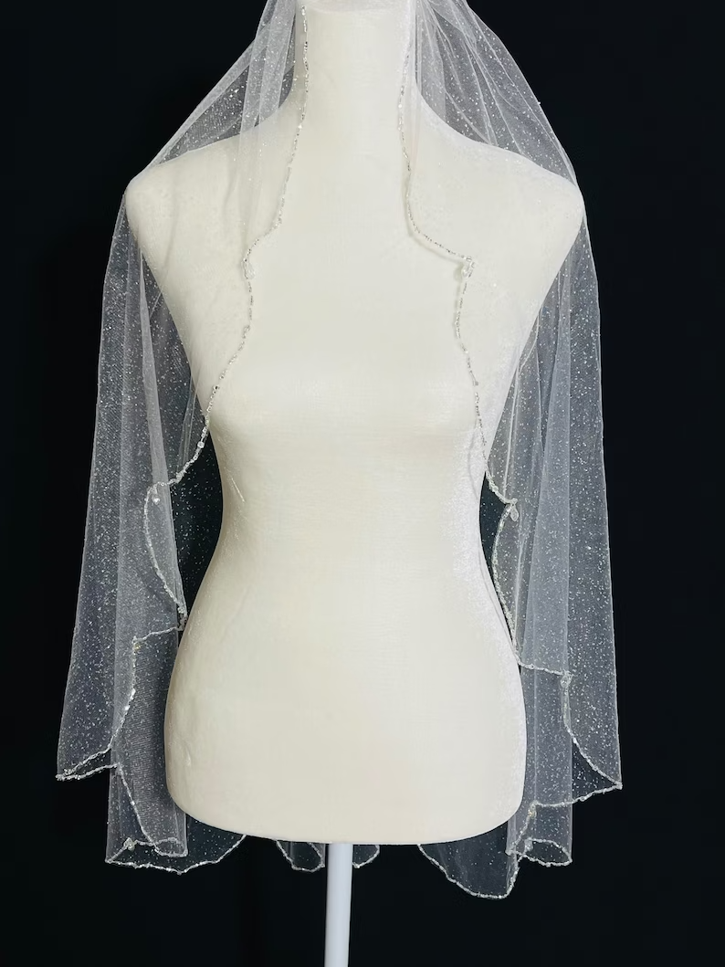 Glitter Wedding Veil, Crystal Bridal Veil, Beaded Veil, Scallop Edge Sparkle Veil, Fingertip Veil, Cathedral Veil