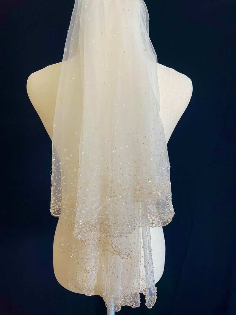 One of a Kind Gorgeous 2 Tier Wedding Bridal Veil, with Scattered Gold and Crystal Beads, all Handmade, Free Tulle Samples