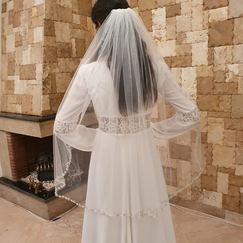 Wedding Veil, Crystal Bridal Veil, Beaded Veil, Ivory Veil, White pearl Veil, Elbow Veil, Fingertip Veil, Cathedral Veil