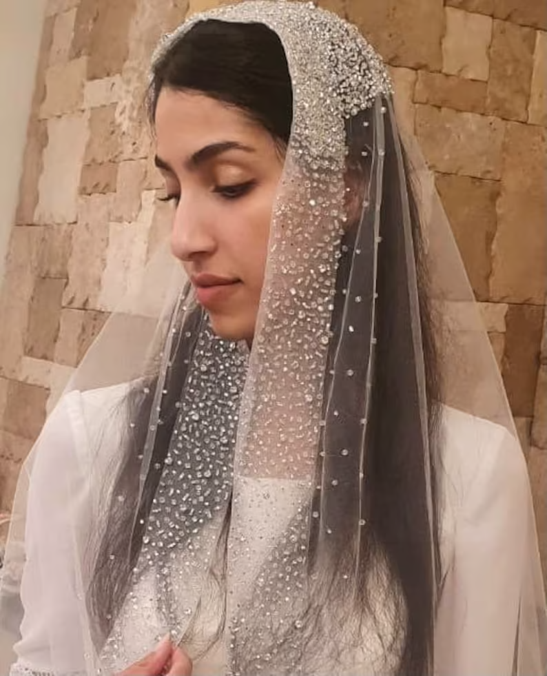 #MN-01 Mantilla Beaded Veil with Rhinestones and Crystals