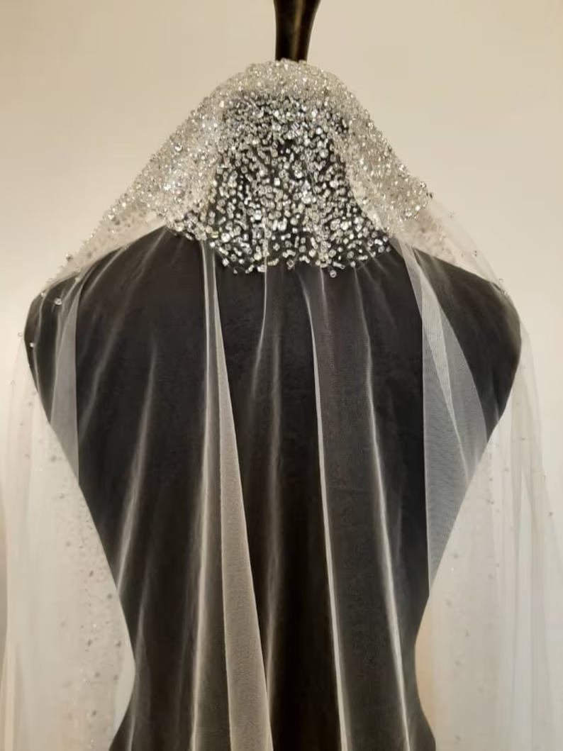#MN-01 Mantilla Beaded Veil with Rhinestones and Crystals