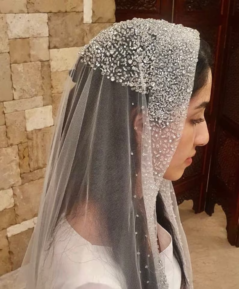 #MN-01 Mantilla Beaded Veil with Rhinestones and Crystals