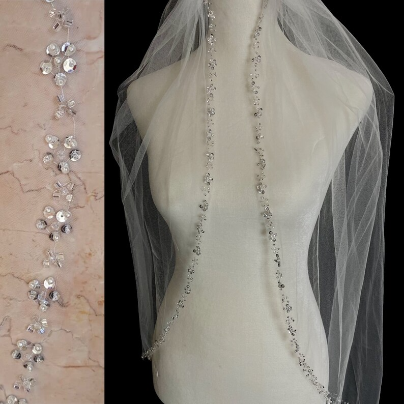 Wedding Veil, Crystal Bridal Veil, Beaded Veil, Ivory Veil, White pearl Veil, Elbow Veil, Fingertip Veil, Cathedral Veil