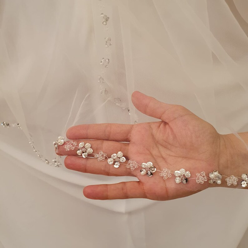 Wedding Veil, Crystal Bridal Veil, Beaded Veil, Ivory Veil, White pearl Veil, Elbow Veil, Fingertip Veil, Cathedral Veil