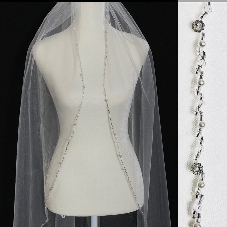 Wedding Veil, Crystal Bridal Veil, Beaded Veil, Ivory Veil, White pearl Veil, Elbow Veil, Fingertip Veil, Cathedral Veil