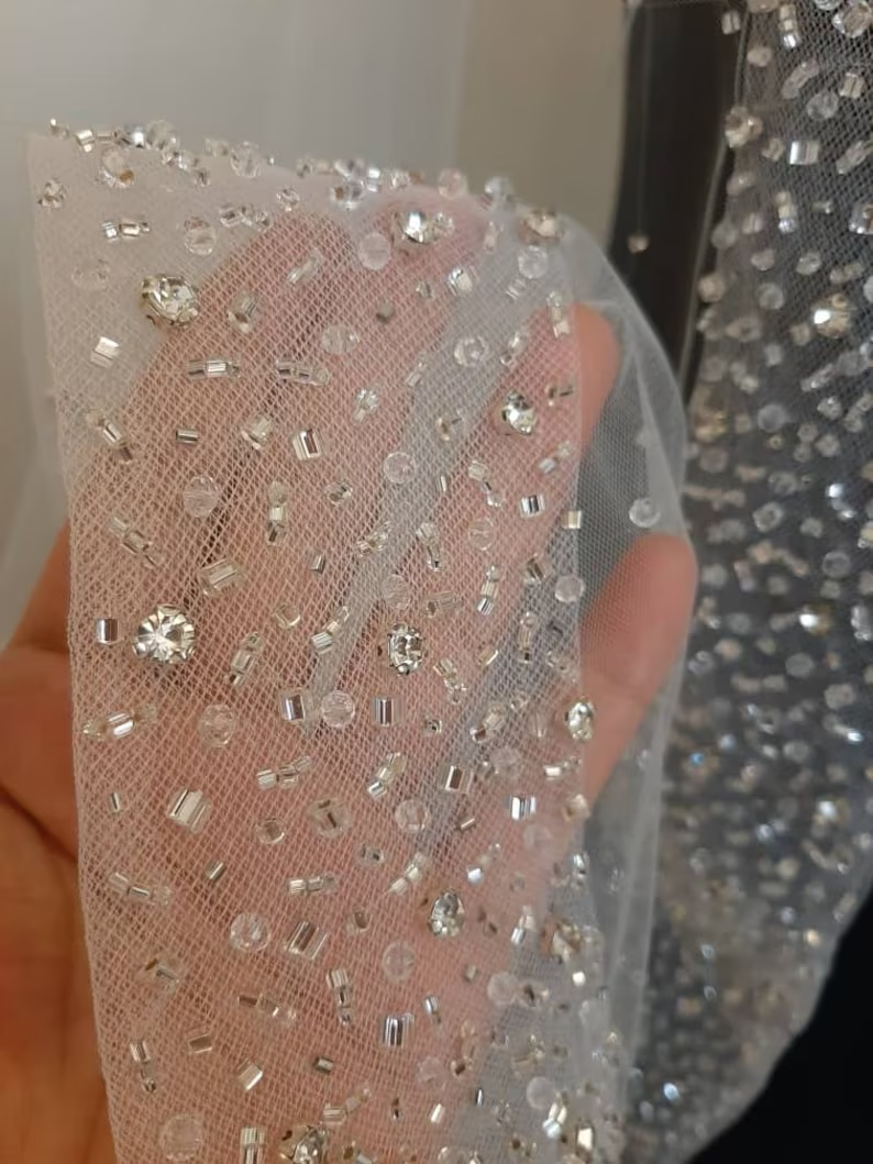 #MN-01 Mantilla Beaded Veil with Rhinestones and Crystals