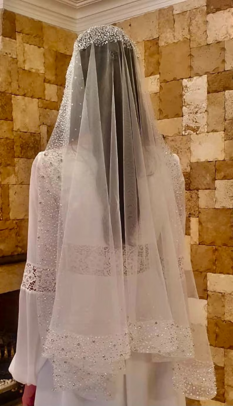 #MN-01 Mantilla Beaded Veil with Rhinestones and Crystals