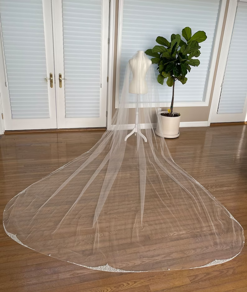 Scroll Design Beaded Veil with Silver beads, Pearls, and Rhinestones, All Lengths and colors available - Free Tulle Samples