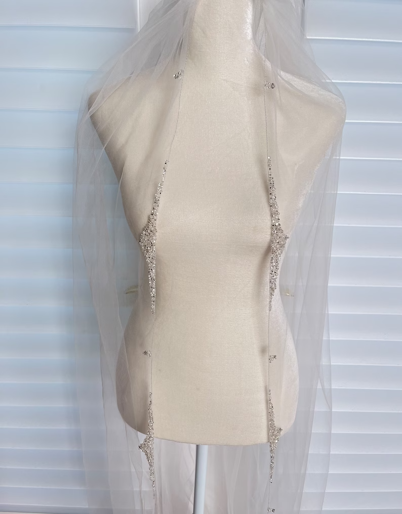 Scroll Design Beaded Veil with Silver beads, Pearls, and Rhinestones, All Lengths and colors available - Free Tulle Samples