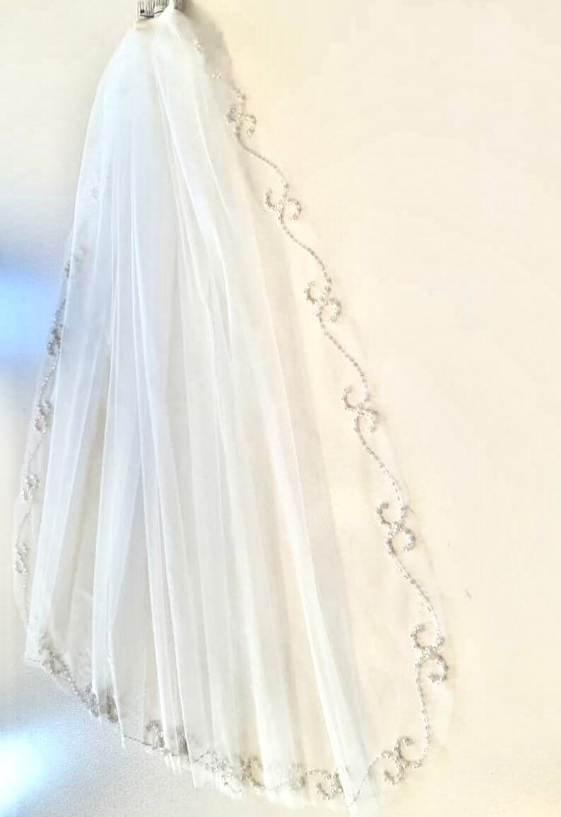 Beaded Scroll Design Angel Cut Beaded Veil, Ivory Veil, White pearl Veil, Elbow Veil, Fingertip Veil, Cathedral Veil - Free Tulle Samples