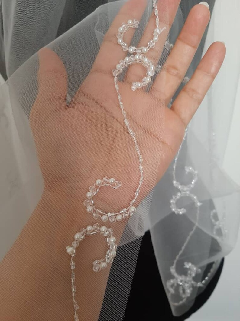 Beaded Scroll Design Angel Cut Beaded Veil, Ivory Veil, White pearl Veil, Elbow Veil, Fingertip Veil, Cathedral Veil - Free Tulle Samples