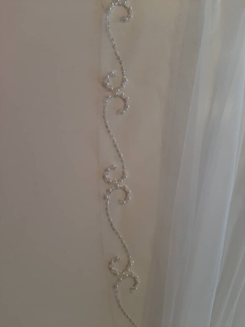 Beaded Scroll Design Angel Cut Beaded Veil, Ivory Veil, White pearl Veil, Elbow Veil, Fingertip Veil, Cathedral Veil - Free Tulle Samples