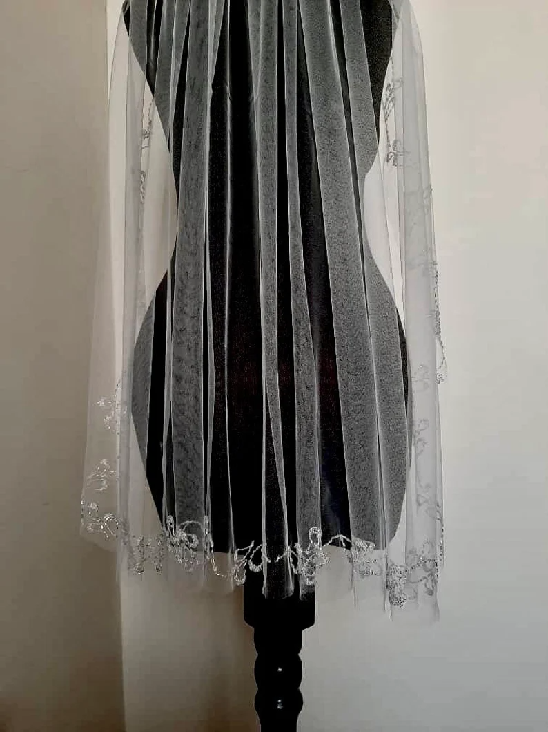 Beaded Scroll Design Angel Cut Beaded Veil, Ivory Veil, White pearl Veil, Elbow Veil, Fingertip Veil, Cathedral Veil - Free Tulle Samples
