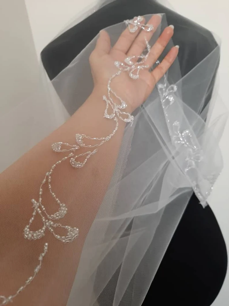 Beaded Scroll Design Angel Cut Beaded Veil, Ivory Veil, White pearl Veil, Elbow Veil, Fingertip Veil, Cathedral Veil - Free Tulle Samples