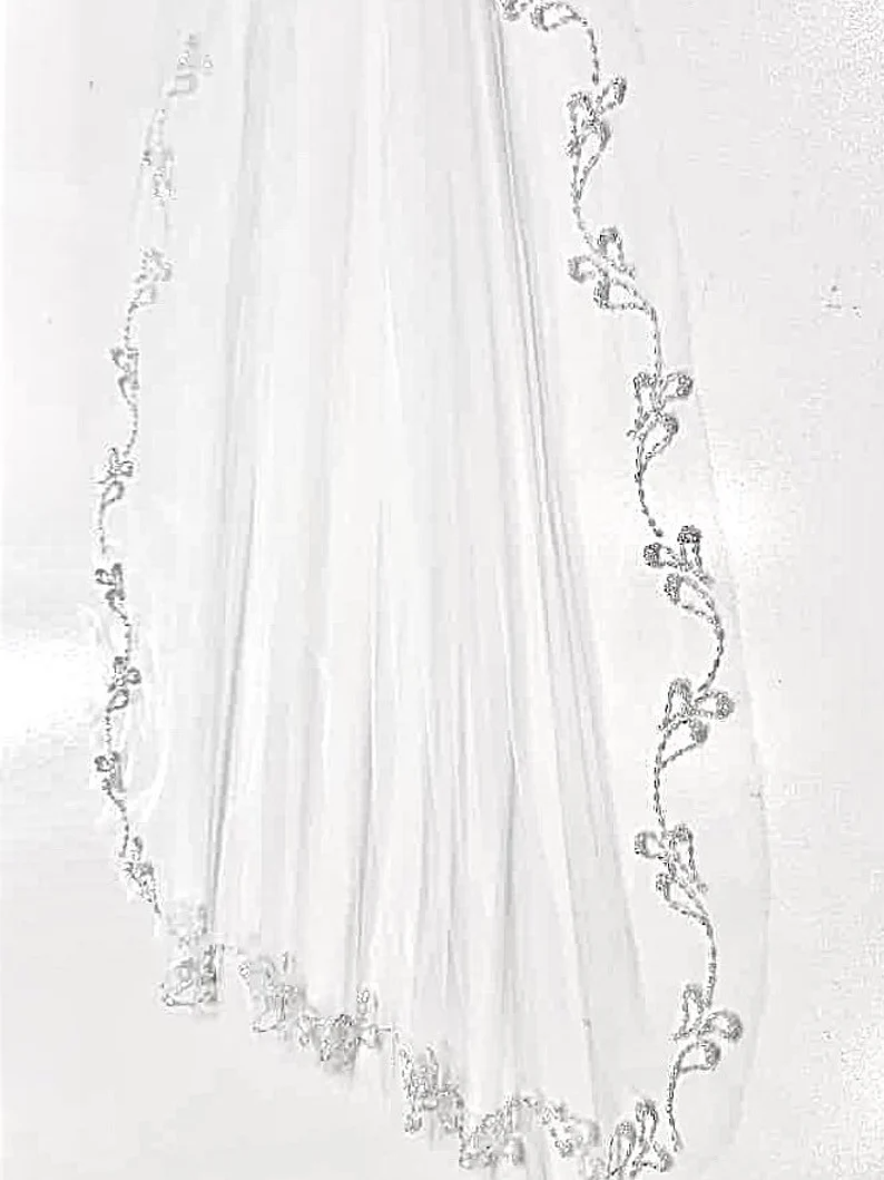 Beaded Scroll Design Angel Cut Beaded Veil, Ivory Veil, White pearl Veil, Elbow Veil, Fingertip Veil, Cathedral Veil - Free Tulle Samples