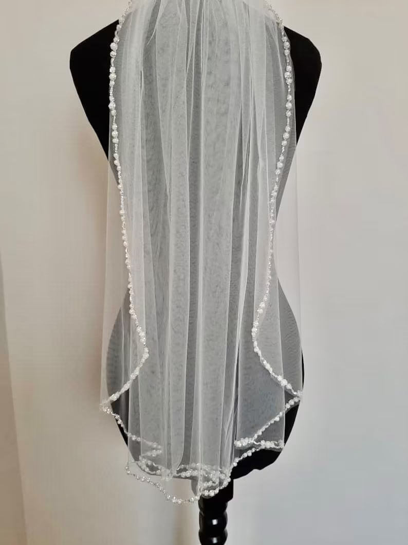 Pearls Beaded Veil, Ivory Wedding Veil, White pearl & Crystal Veil, Elbow Veil, Fingertip Veil, Cathedral Veil - Free Tulle Samples