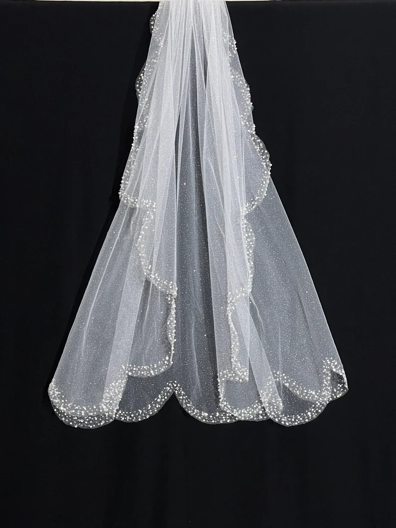 Glitter Angel Cut Veil, Waterfall Wedding Veil with Glitter Tulle, Scallop Edge Crystal Veil, Sparkle Veil - Free Tulle Samples