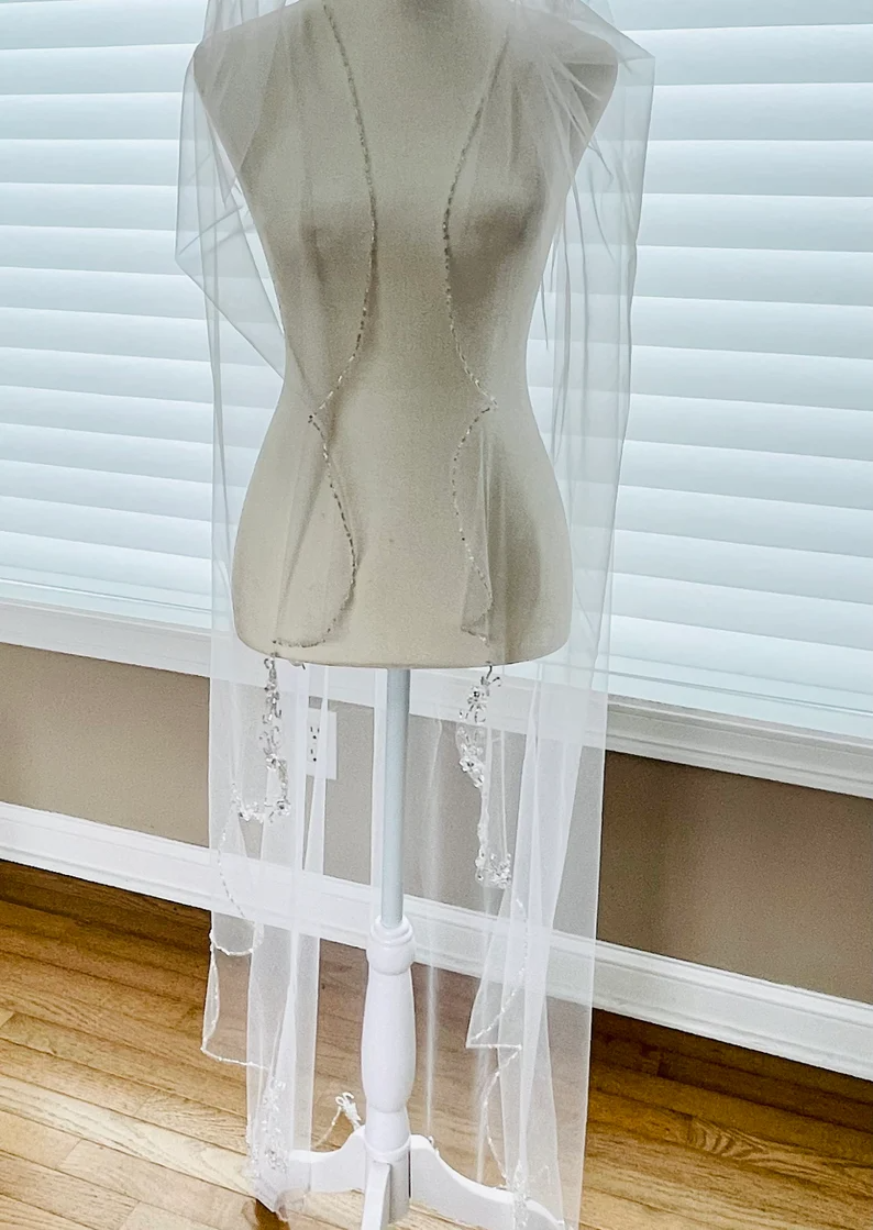 Beaded Scroll Design Angel Cut Beaded Veil, Ivory Veil, White pearl Veil, Elbow Veil, Fingertip Veil, Cathedral Veil - Free Tulle Samples