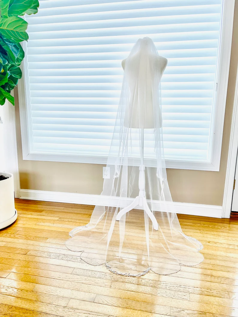 Beaded Scroll Design Angel Cut Beaded Veil, Ivory Veil, White pearl Veil, Elbow Veil, Fingertip Veil, Cathedral Veil - Free Tulle Samples