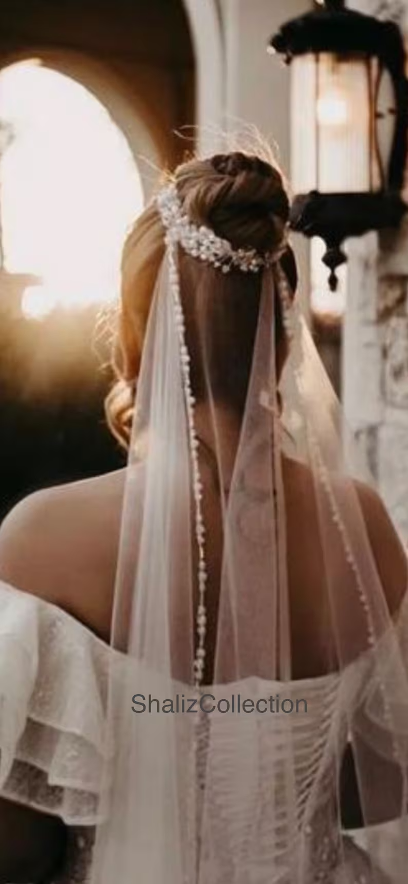 Pearls Beaded Veil, Ivory Wedding Veil, White pearl & Crystal Veil, Elbow Veil, Fingertip Veil, Cathedral Veil - Free Tulle Samples