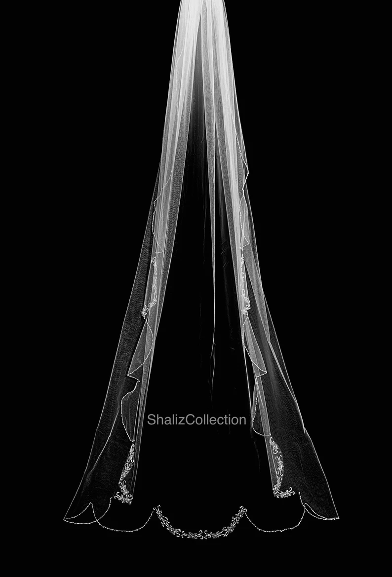 Beaded Scroll Design Angel Cut Beaded Veil, Ivory Veil, White pearl Veil, Elbow Veil, Fingertip Veil, Cathedral Veil - Free Tulle Samples