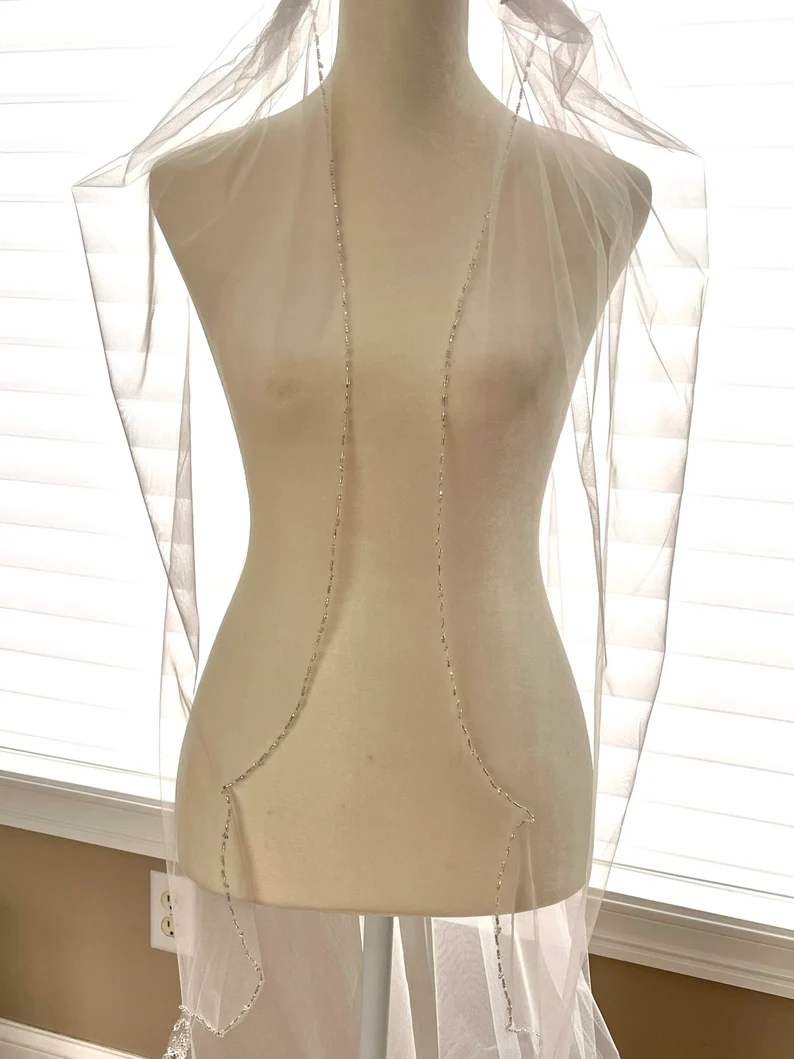 Beaded Scroll Design Angel Cut Beaded Veil, Ivory Veil, White pearl Veil, Elbow Veil, Fingertip Veil, Cathedral Veil - Free Tulle Samples