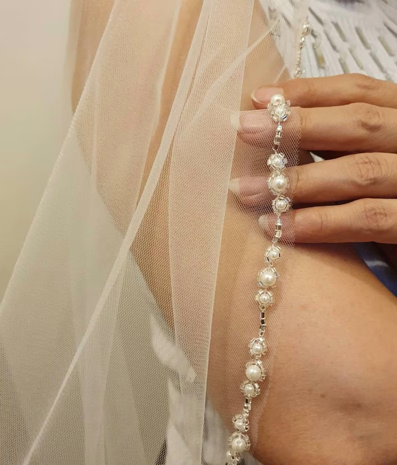 Pearls Beaded Veil, Ivory Wedding Veil, White pearl & Crystal Veil, Elbow Veil, Fingertip Veil, Cathedral Veil - Free Tulle Samples
