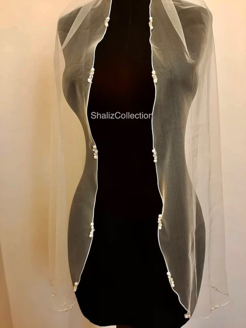 Beaded Scroll Design Angel Cut Beaded Veil, Ivory Veil, White pearl Veil, Elbow Veil, Fingertip Veil, Cathedral Veil - Free Tulle Samples