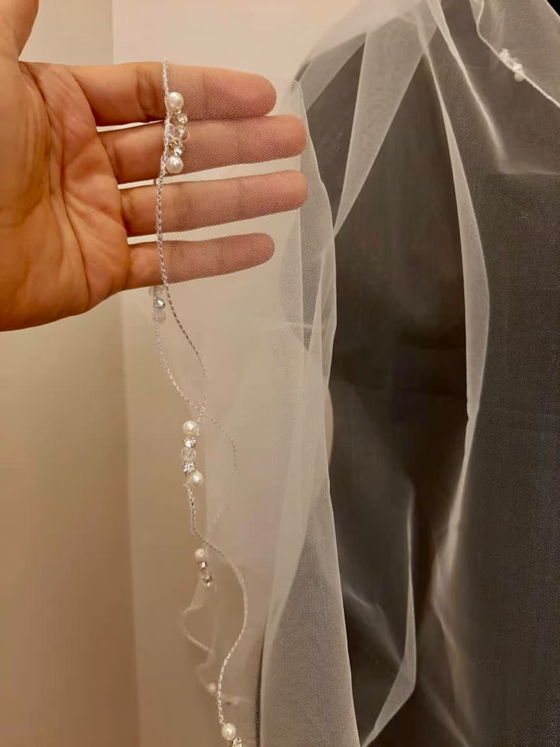 Beaded Scroll Design Angel Cut Beaded Veil, Ivory Veil, White pearl Veil, Elbow Veil, Fingertip Veil, Cathedral Veil - Free Tulle Samples