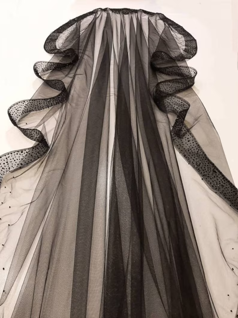 #MN-02 Black Mantilla Wedding Veil with Amazing Details