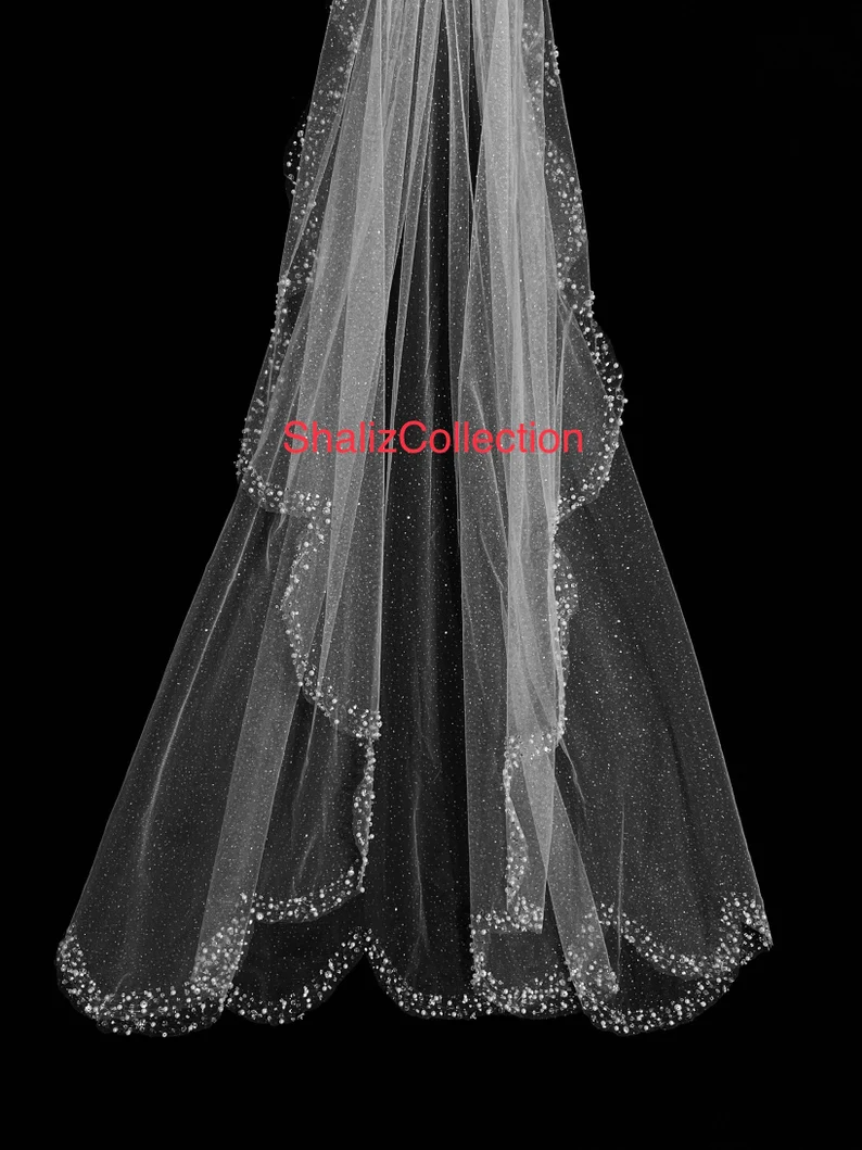 Glitter Angel Cut Veil, Waterfall Wedding Veil with Glitter Tulle, Scallop Edge Crystal Veil, Sparkle Veil - Free Tulle Samples