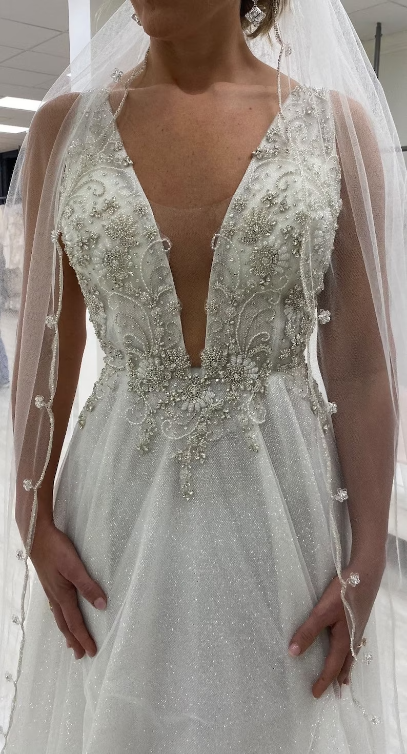 One of kind Wedding Veil, Beaded, Rhinestone and Crystal veil with amazing details, Free Tulle samples