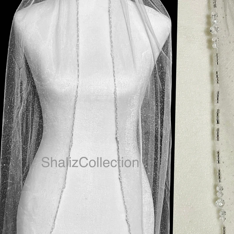 Glitter Wedding Veil, Crystal Bridal Veil, Beaded Veil, Straight Cut Sparkle Veil, Fingertip Veil, Cathedral Veil