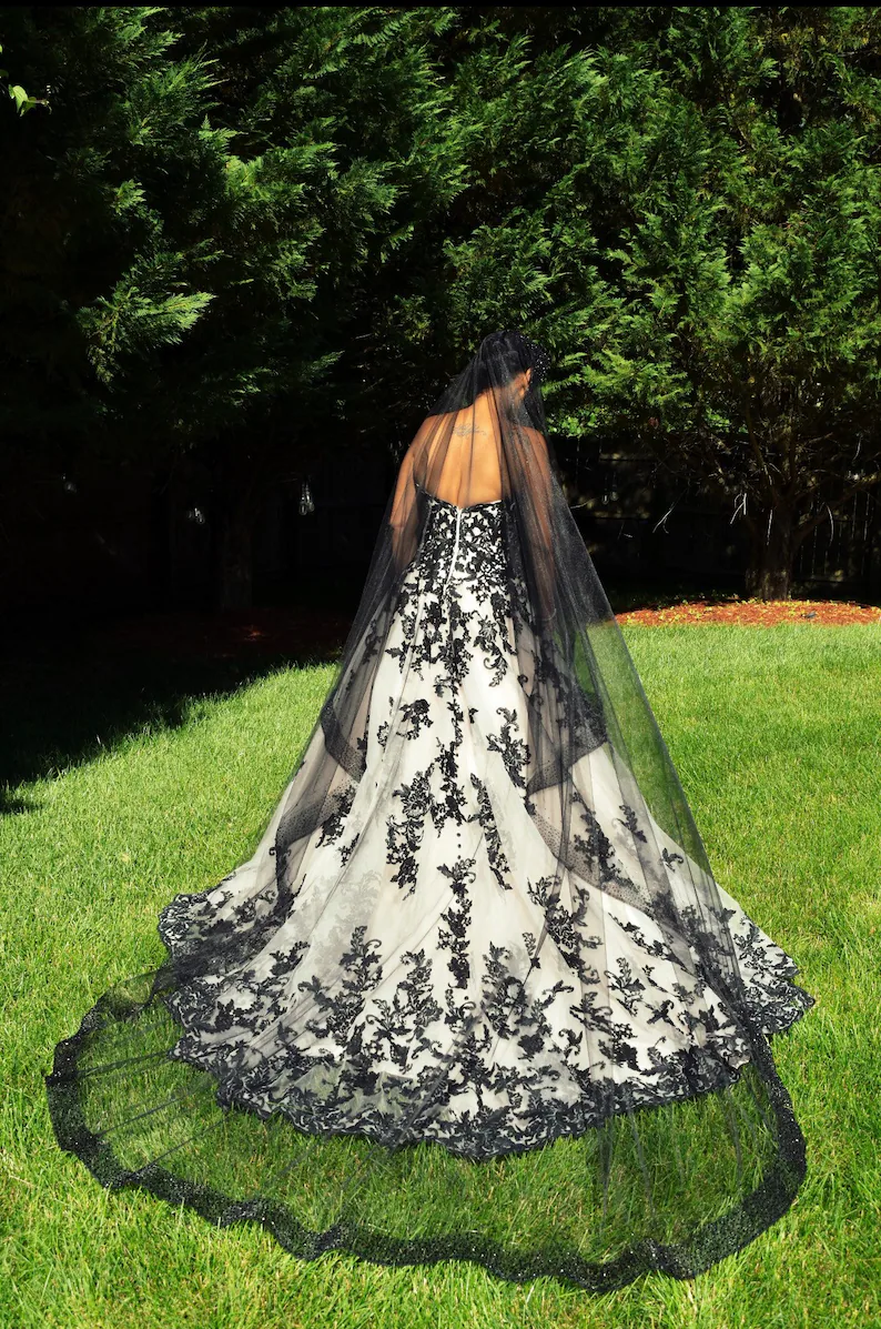 #MN-02 Black Mantilla Wedding Veil with Amazing Details