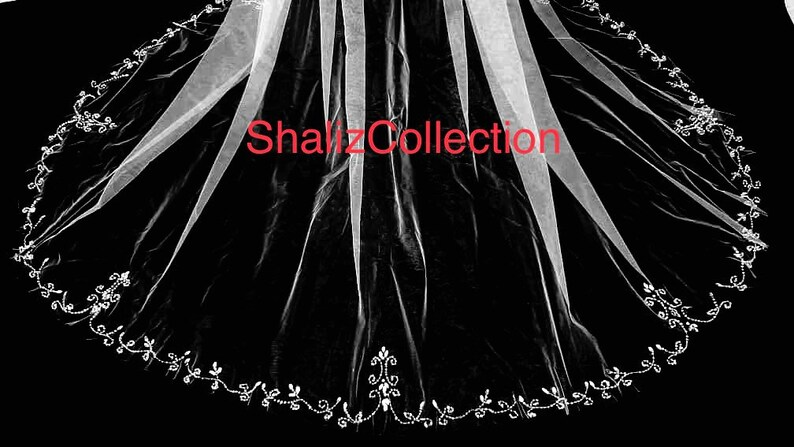 Beaded Scroll Design, Beaded Veil, Ivory Veil, White pearl Veil, Elbow Veil, Fingertip Veil, Cathedral Veil - Free Tulle Samples