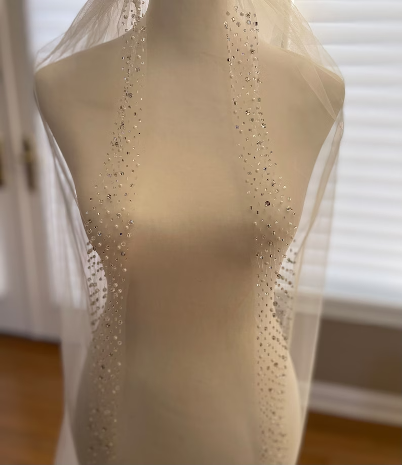 Pearl & Crystal Beaded Veil, Wedding Veil, Beaded Veil, Ivory Veil, White pearl Veil, Elbow Veil, Fingertip Veil, Cathedral Veil,