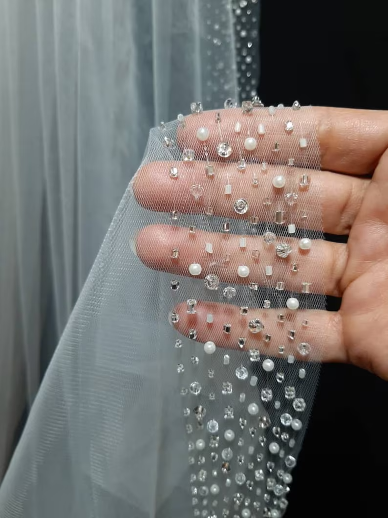 Pearl & Crystal Beaded Veil, Wedding Veil, Beaded Veil, Ivory Veil, White pearl Veil, Elbow Veil, Fingertip Veil, Cathedral Veil,