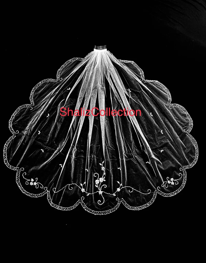 Scallop Edge Beaded Wedding Veil, Crystal Wedding Veil, Scalloped Edge Veil, Cathedral Veil, Beaded Bridal Veil, with Color Samples