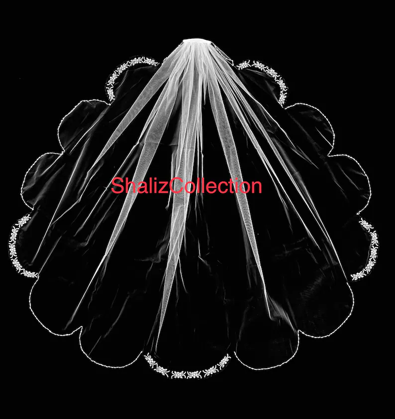 Scallop Edge Wedding Veil, Crystal Wedding Veil, Angel Cut Beaded Veil, Fingertip Veil, Cathedral Veil - Free Tulle Samples