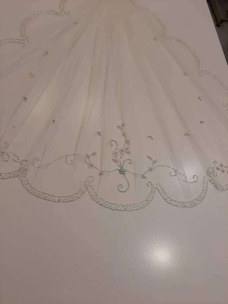 Scallop Edge Beaded Wedding Veil, Crystal Wedding Veil, Scalloped Edge Veil, Cathedral Veil, Beaded Bridal Veil, with Color Samples