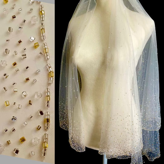 One of a Kind Gorgeous 2 Tier Wedding Bridal Veil, with Scattered Gold and Crystal Beads, all Handmade, Free Tulle Samples